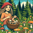 Young girl in forest with basket of mushrooms. Color image in vintage style, plakat, poster