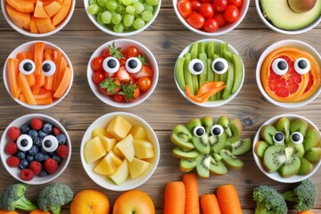 Wall Mural - Child nutrition concept with fruits and vegetables with eyes in containers on wooden table. Top elevated view.