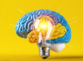 Sticker - Brain With Light Bulb 3D Rendering Illustration Design. Concept of Idea - Innovation.