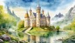 Enchanting Watercolor Painting of a Fairytale Castle by a Lake