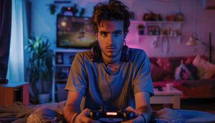 Focused gamer playing in a dark room