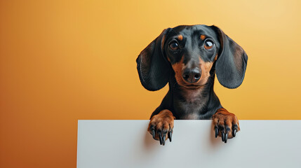 a dog holding blank card or poster , closeup view of animal pet face portrait and empty blank card or paper design template mockup photo on yellow background