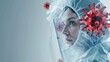 Portrait of a woman doctor in a protective mask on a plain background, the concept of quarantine, fighting illness, protecting against diseases, viruses, infections and bacteria