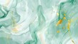 Abstract marbled ink liquid fluid watercolor painting texture banner illustration - Soft mint green petals, blossom flower flowers swirls gold painted lines, isolated on white background 