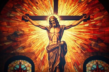 crucifix, jesus on the cross in church with ray of light from stained glass - generative ai