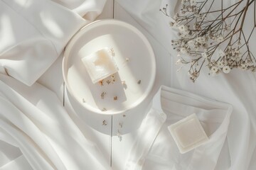Wall Mural - Clothes washing with natural soaps on plate and white shirt on white table. Top view. Horizontal composition.