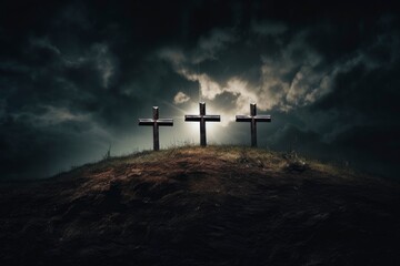 Wall Mural - three cross on the hill in dark cloudy with light from above. can be use for Easter or Christian background, copy space - generative ai