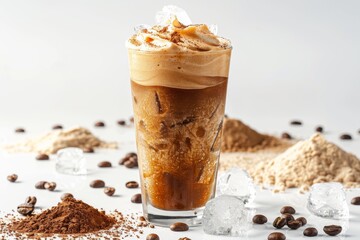 Wall Mural - Coffee slush in tall glass with beans and crushed ice around it on white table with isolated background. Front view. Horizontal composition.