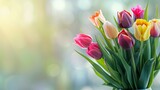 Fototapeta Tulipany - Bouquet of multicolored tulips on a beautiful blurred background, copy space.