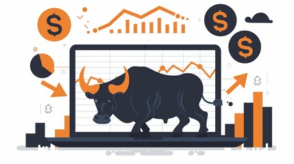 Poster - Bull market illustration on a computer screen with financial charts, trading trend, business cartoon isolated on white