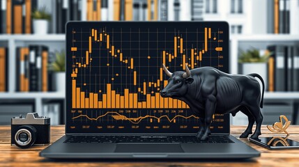 Wall Mural - Bull market illustration on a computer screen with financial charts, trading trend, business cartoon isolated on white