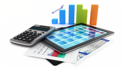 Wall Mural - Financial charts, calculator and tablet isolated on a white background 3d illustration, financial accounting business