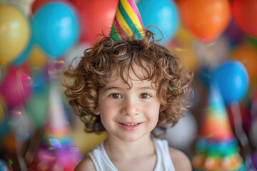 Portrait of a child on his birthday in the photo zone with balloons