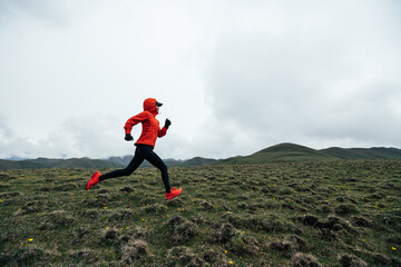 Wall Mural - Woman trail runner cross country running to high altitude mountain peak