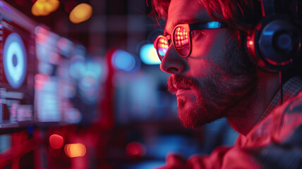 Wall Mural - A man wearing glasses and headphones is looking at a computer screen