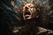 Illustration of a screaming man among colorful lines and wires coming out of his head, mental disorder, depression