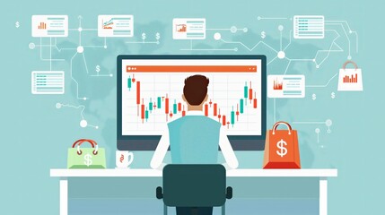 Wall Mural - A trader looking at stocks market trading graph chart on a computer screen.  Technical analysis candlestick chart. Global stock exchanges. Trading strategy illustration in flat style