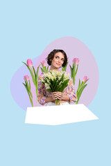 Sticker - Trend composite sketch artwork image 3d collage photo of young beautiful lady convallaria bouquet hold in hands big tulips on background