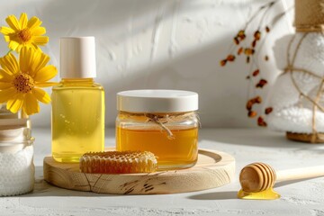 Wall Mural - Cosmetic products with honey extracts for personal hygiene on wooden table with container with honey and honeycomb wax around it and white isolated background. Front view.