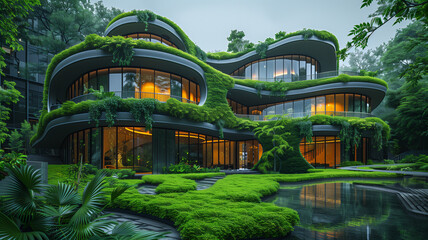 Wall Mural - A large house with a green roof and a lush garden