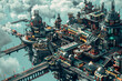 Isometric steampunk city in dark academia color tone