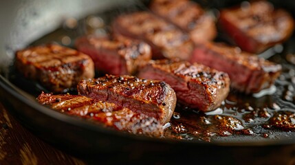 Close-up of Wagyu steak sizzling in a pan on a wood table, searing juices and releasing aromas