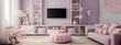 Pink and white living room with lots of toys and a tv.