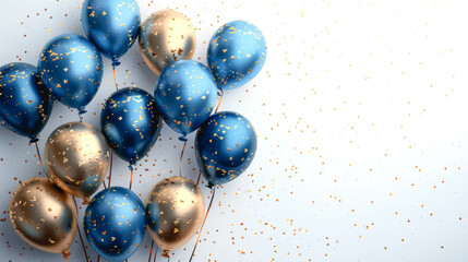 blue and golden balloons on a white background with confetti.