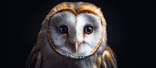 Poster - A majestic barn owl, a bird of prey from the Falconiformes order, is staring directly at the camera against a striking black background, showcasing its intricate wing and sharp beak