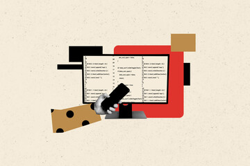 Creative abstract template collage of hand hold device computer monitor coding program app development billboard comics zine minimal