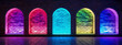Abstract colorful arched niches in brick wall illuminated with bright neon lights