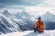 a person sitting on a snowy mountain looking at mountains
