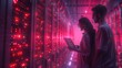 Couple looking at tablet pc against server room with red light spots