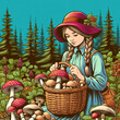 Young girl in forest with basket of mushrooms. Color image in vintage style, plakat, poster in pop art style