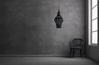 3D rendering of a dark room with a single hanging lantern and a wooden chair.