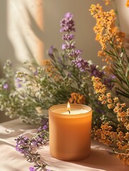 Wall Mural - Frosted glass candle burning amidst a vibrant array of orange and purple wildflowers, creating a natural and soothing ambiance for relaxation and home decor