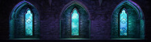Stained Glass Windows In A Dark Room With Blue And Purple Lights