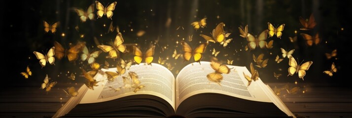 Wall Mural - Open book and butterflies textured abstract background