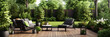 3D rendering of a modern garden with wooden deck, plants and trees