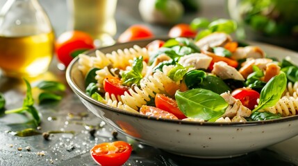 Wall Mural - Bowl of fresh chicken salad, pasta, baby spinach and cherry tomatoes, decorated with vegetables and olive oil. Generated by artificial intelligence.