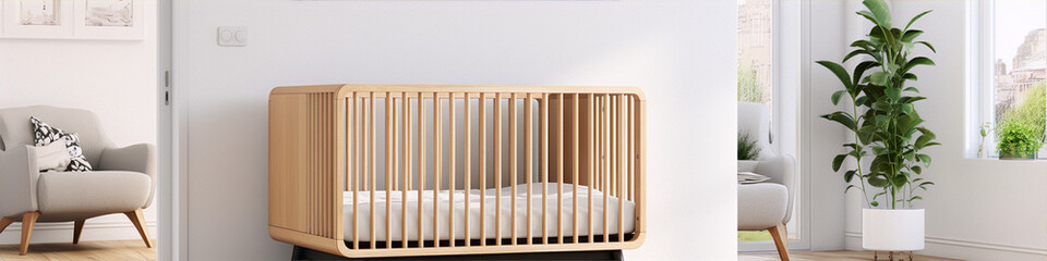 Wall Mural - 3D rendering of a modern minimalist nursery with a wooden crib, armchair, plant, and large windows.