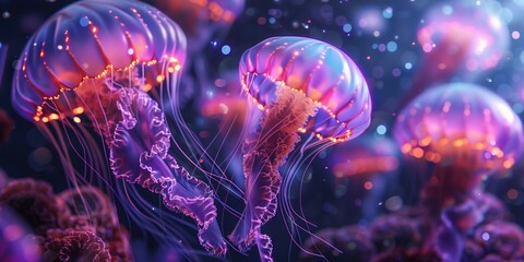 Wall Mural - Closeup of Several Beautiful Moon Vibrant Bioluminescent Pink Jellyfish