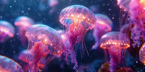 Wall Mural - Closeup of Several Beautiful Moon Vibrant Bioluminescent Pink Jellyfish