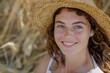 Glowing Seaside Serenity: Woman with Straw Hat Smiling - Generative AI