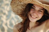 Fototapeta Desenie - Glowing Seaside Serenity: Woman with Straw Hat Smiling - Generative AI