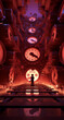 3D rendering of a boy in a red and pink steampunk world with a clock theme