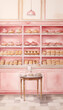 Pink bakery interior with shelves full of pastries and a table in front. Watercolor painting.