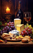 Still life painting of a wooden table with grapes, cheese, wine, and bread.