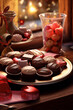 Close up of a plate full of assorted chocolates with a glass jar of red and white candy in the background.