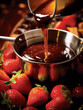 Close-up of a saucepan with hot chocolate sauce being poured over fresh strawberries.